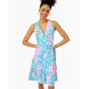 Lilly Pulitzer Sleeveless Misha Wrap Dress Pelican Pink M Tropical Resort Preppy